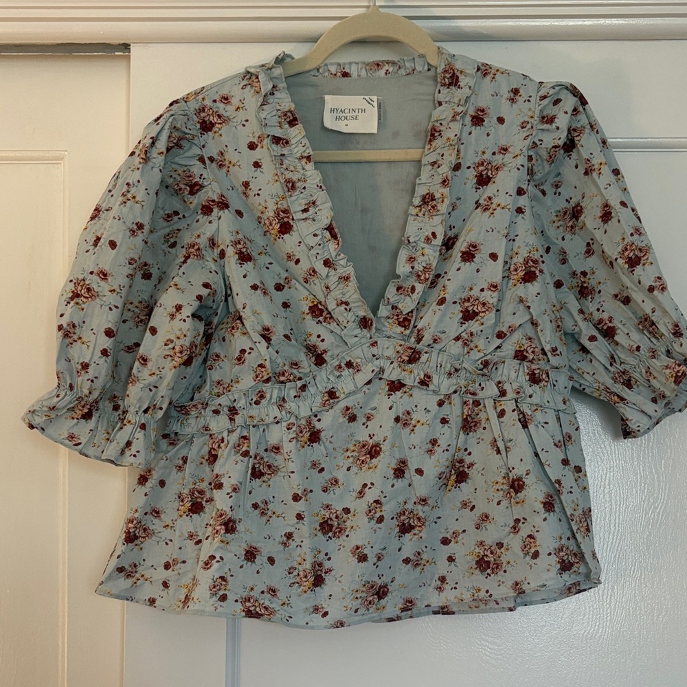 Hyacinth House Blue Blouse with Red Floral Print